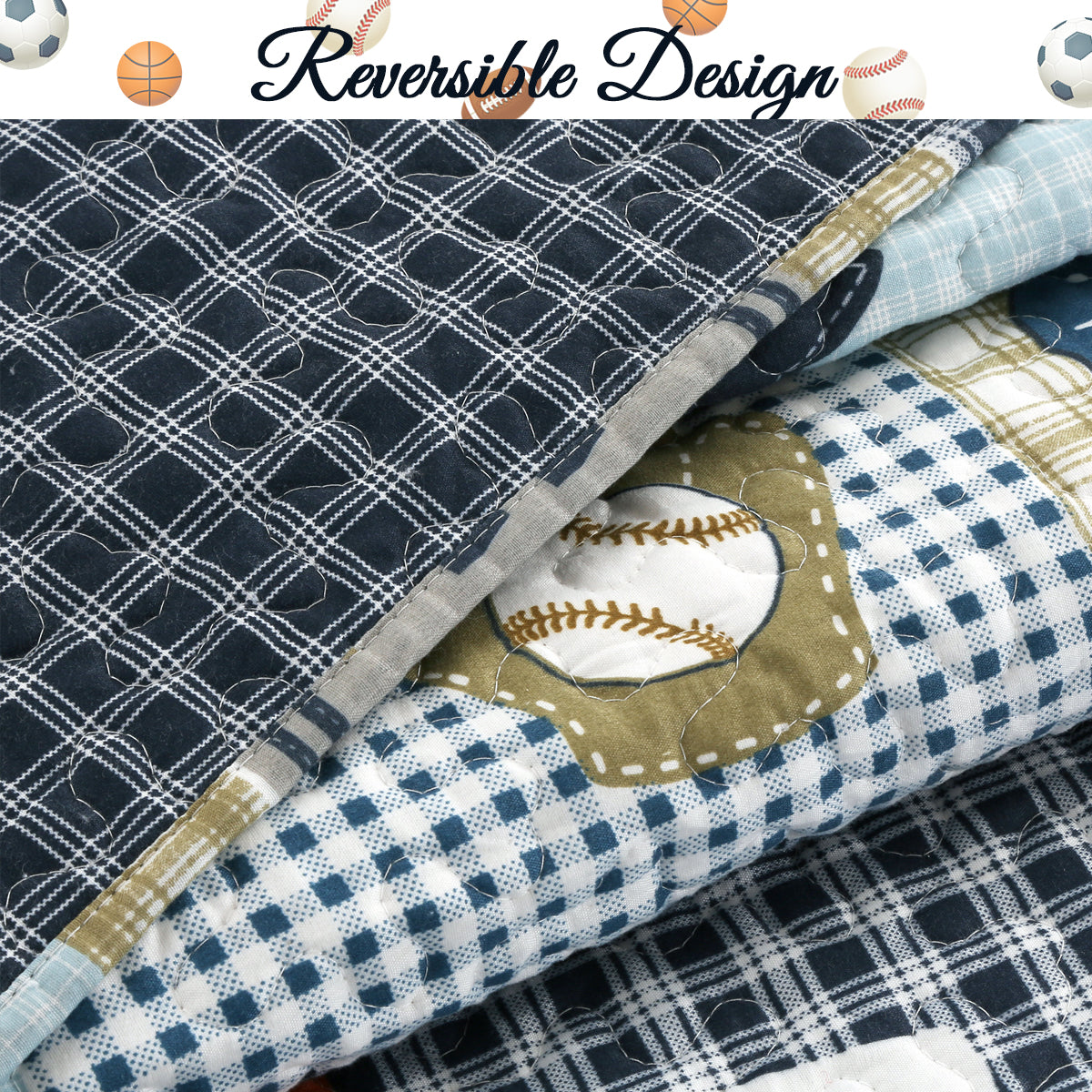 Blue Sports Baseball Basketball Soccer Football Print Patchwork Boy Reversible Quilt Bedding Set