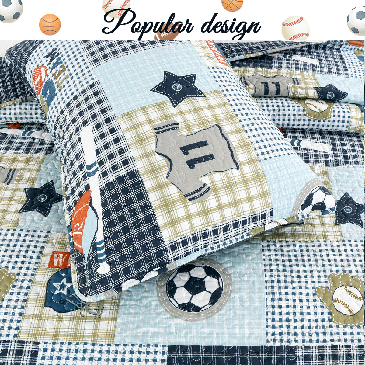 Blue Sports Baseball Basketball Soccer Football Print Patchwork Boy Reversible Quilt Bedding Set