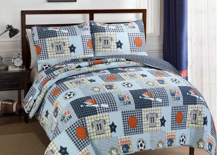 Blue Sports Baseball Basketball Soccer Football Print Patchwork Boy Reversible Quilt Bedding Set