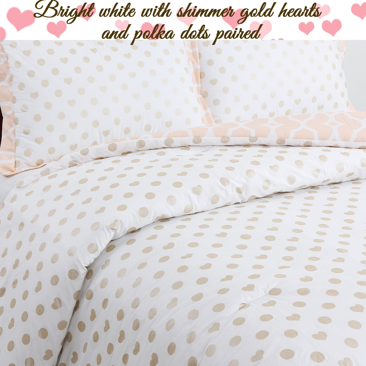 Peach Gold Heart Polka Dot Reversible Comforter Bedding Set