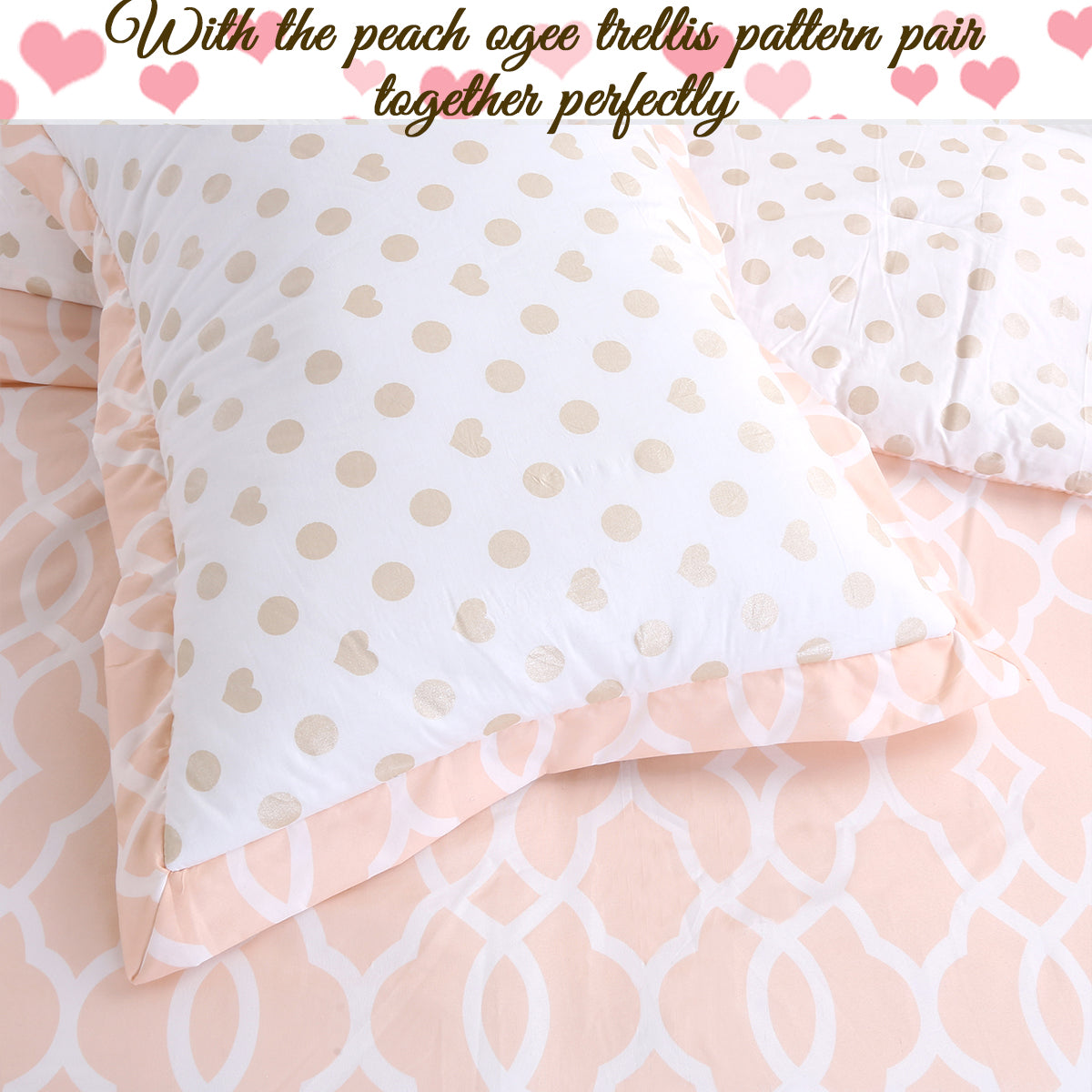 Peach Gold Heart Polka Dot Reversible Comforter Bedding Set