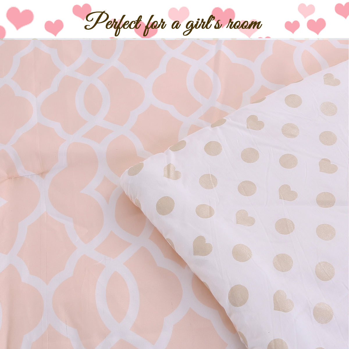 Peach Gold Heart Polka Dot Reversible Comforter Bedding Set