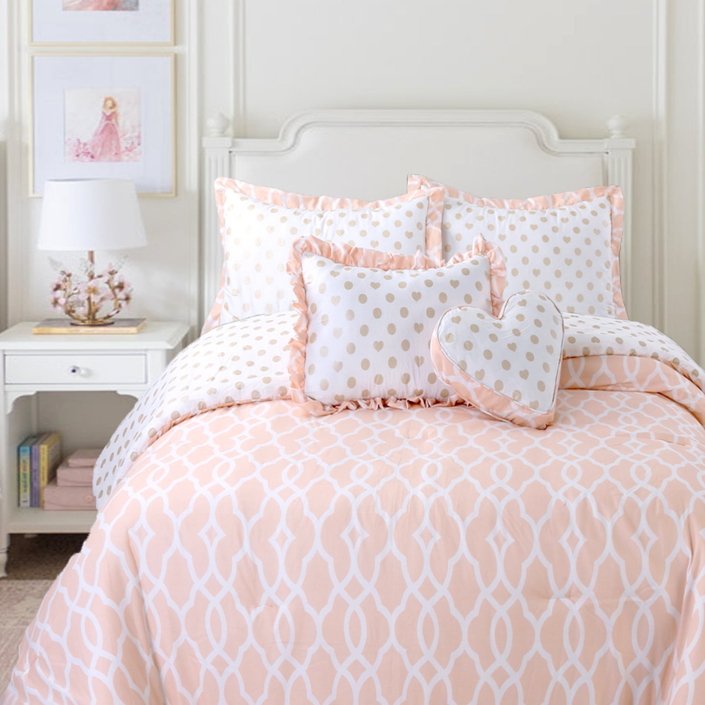 Peach Gold Heart Polka Dot Reversible Comforter Bedding Set