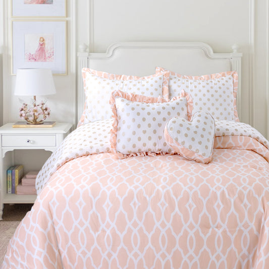 Peach Gold Heart Polka Dot Reversible Comforter Bedding Set