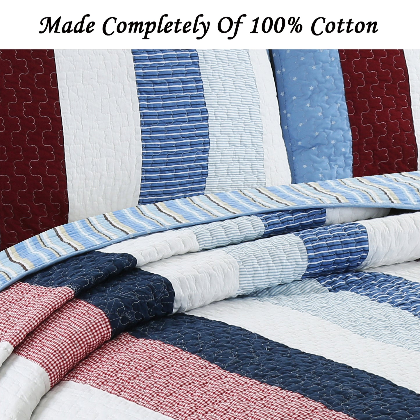 Blue Red White Striped Cotton Reversible Quilt Bedding Set