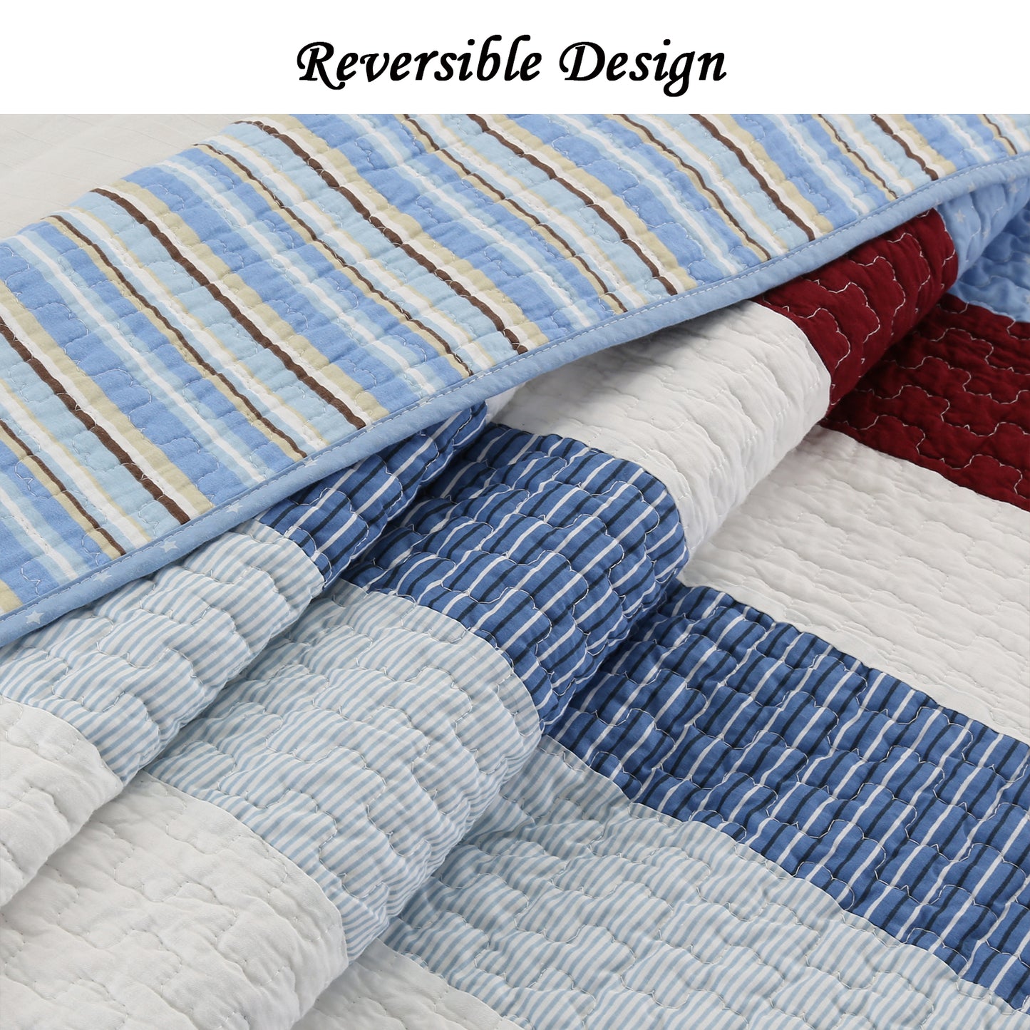 Blue Red White Striped Cotton Reversible Quilt Bedding Set