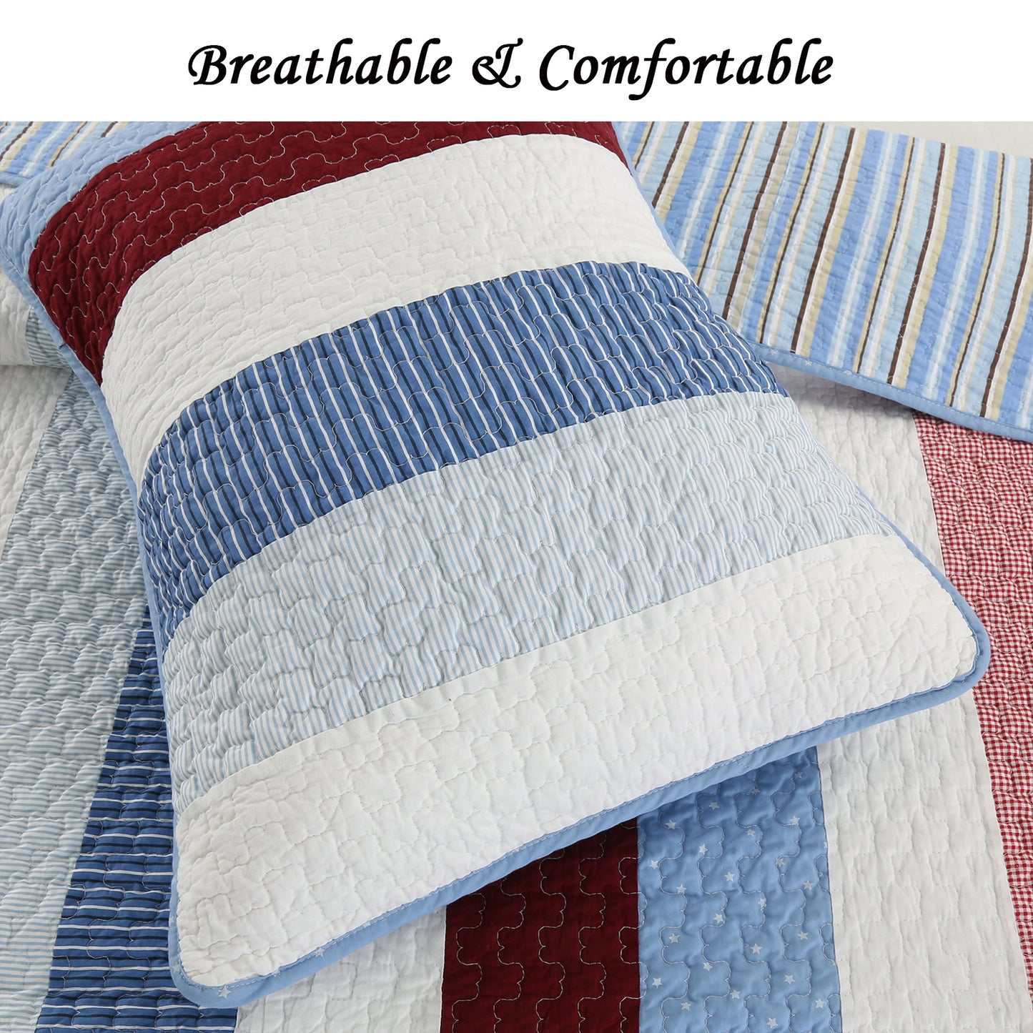 Blue Red White Striped Cotton Reversible Quilt Bedding Set