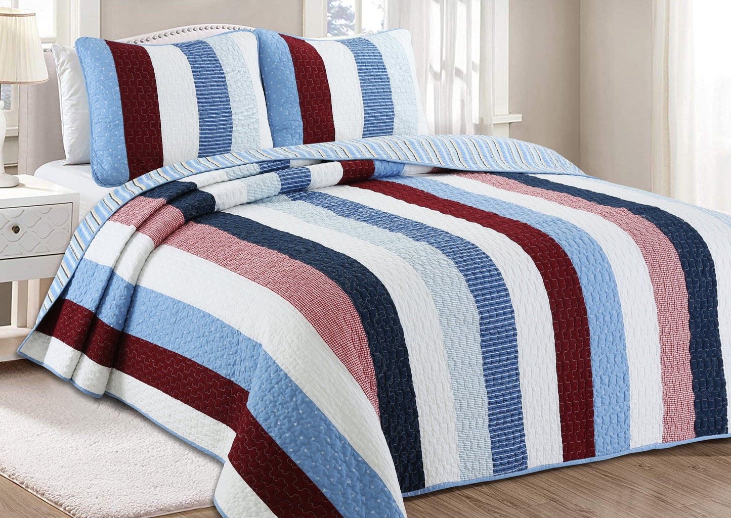 Blue Red White Striped Cotton Reversible Quilt Bedding Set