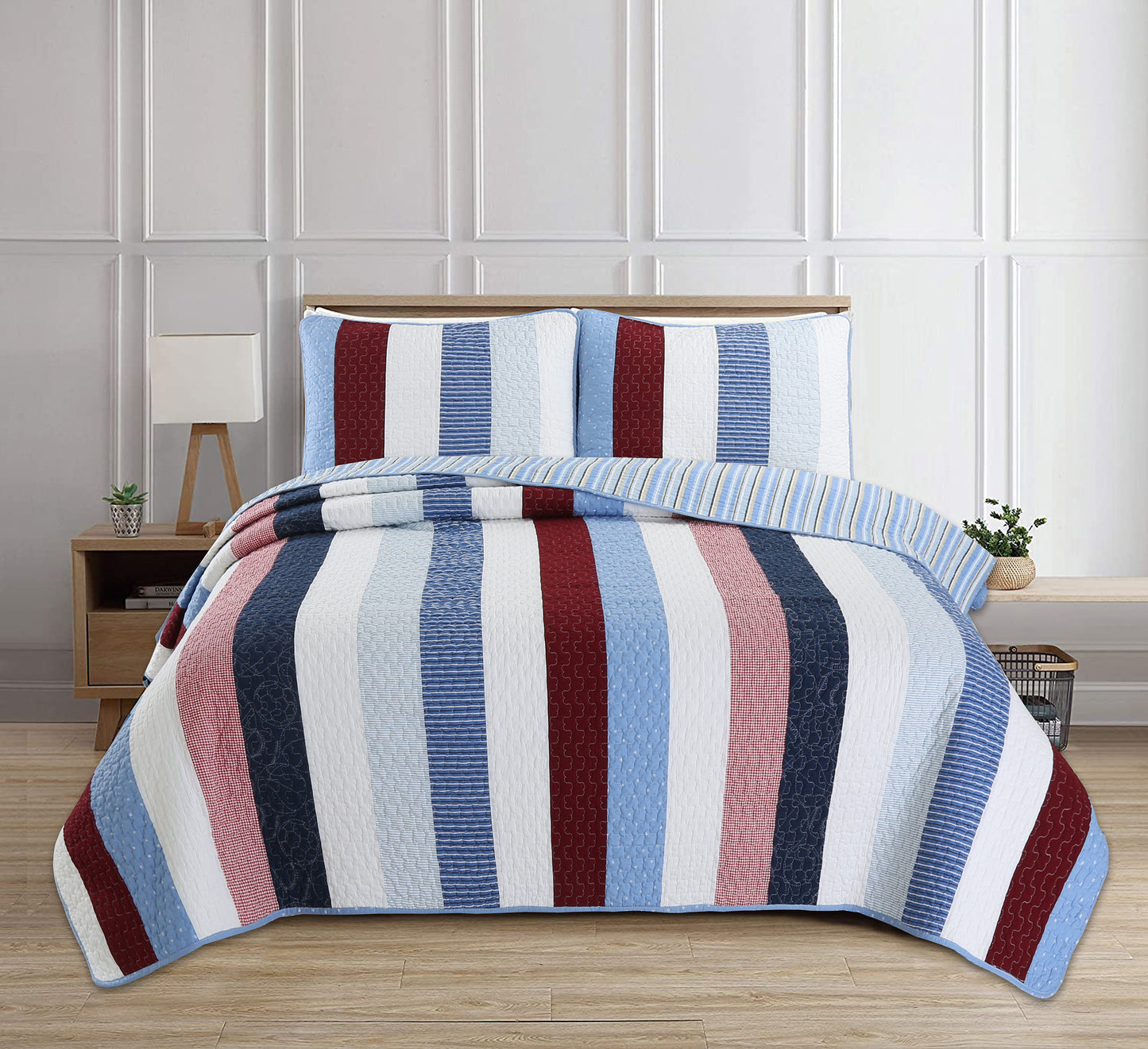 Blue Red White Striped Cotton Reversible Quilt Bedding Set