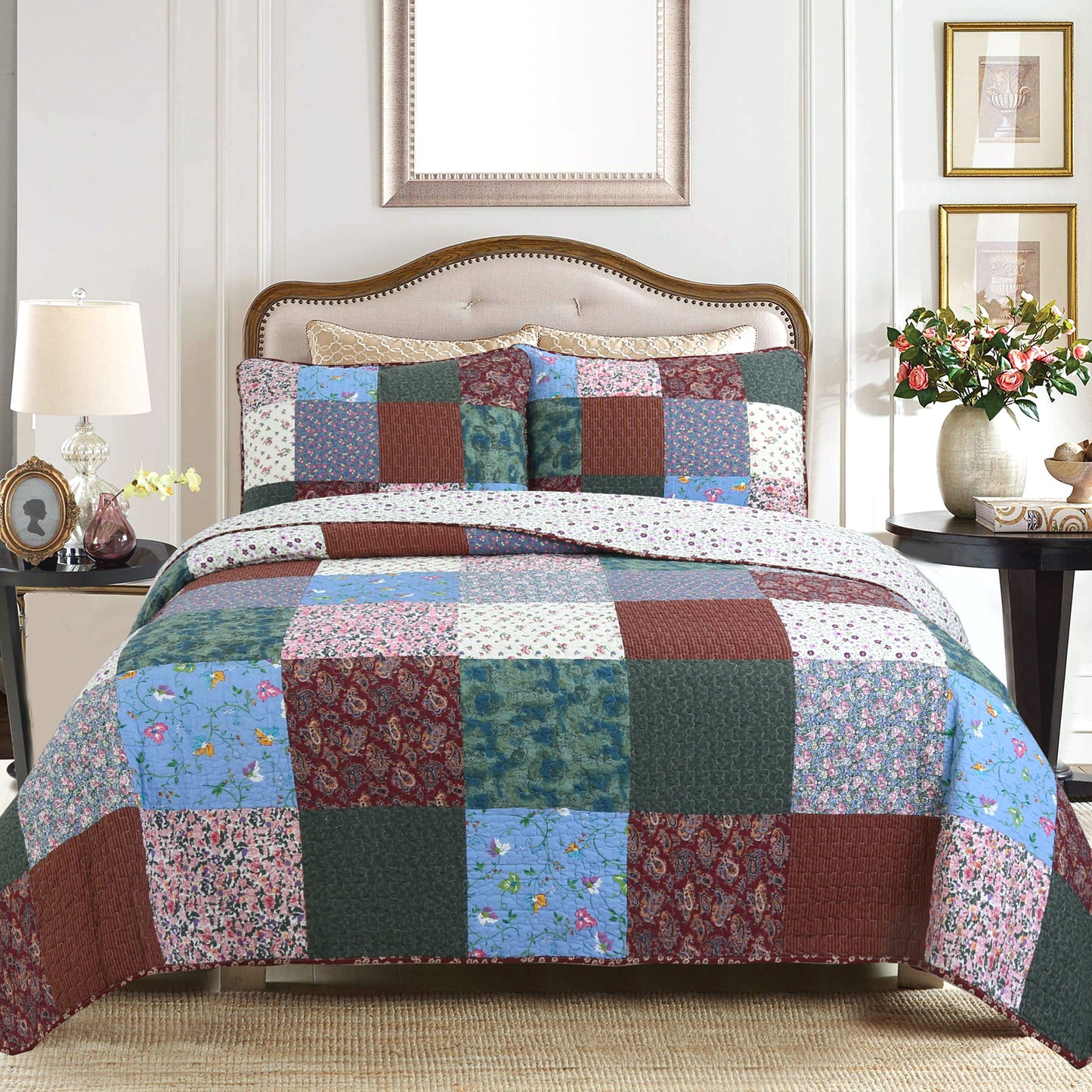 Harvest Vintage Floral Paisley Real Patchwork 3-Piece Cotton Reversible Quilt Bedding Set