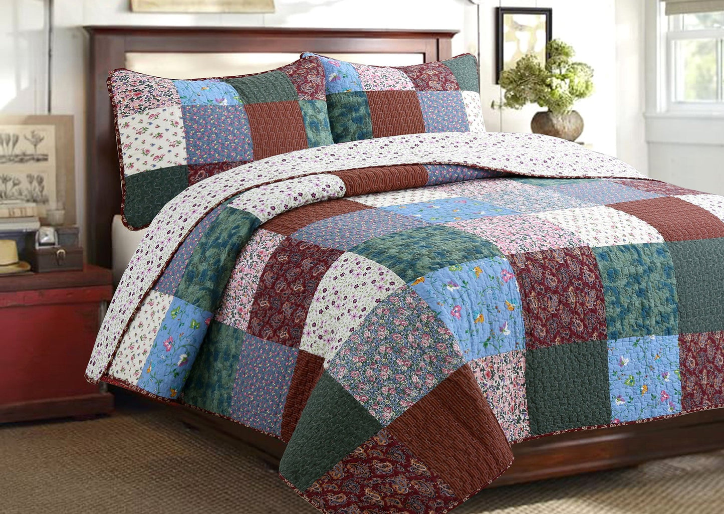 Harvest Vintage Floral Paisley Real Patchwork 3-Piece Cotton Reversible Quilt Bedding Set