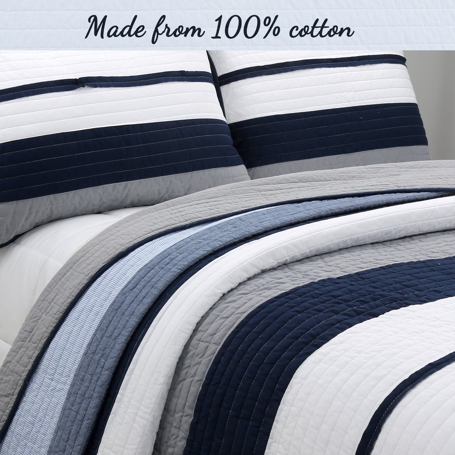 Tranquil Blue Gray Stripe Real Patchwork Cotton Reversible Quilt Bedding Set