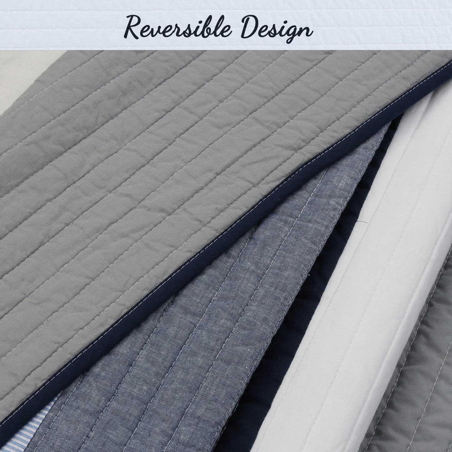 Tranquil Blue Gray Stripe Real Patchwork Cotton Reversible Quilt Bedding Set