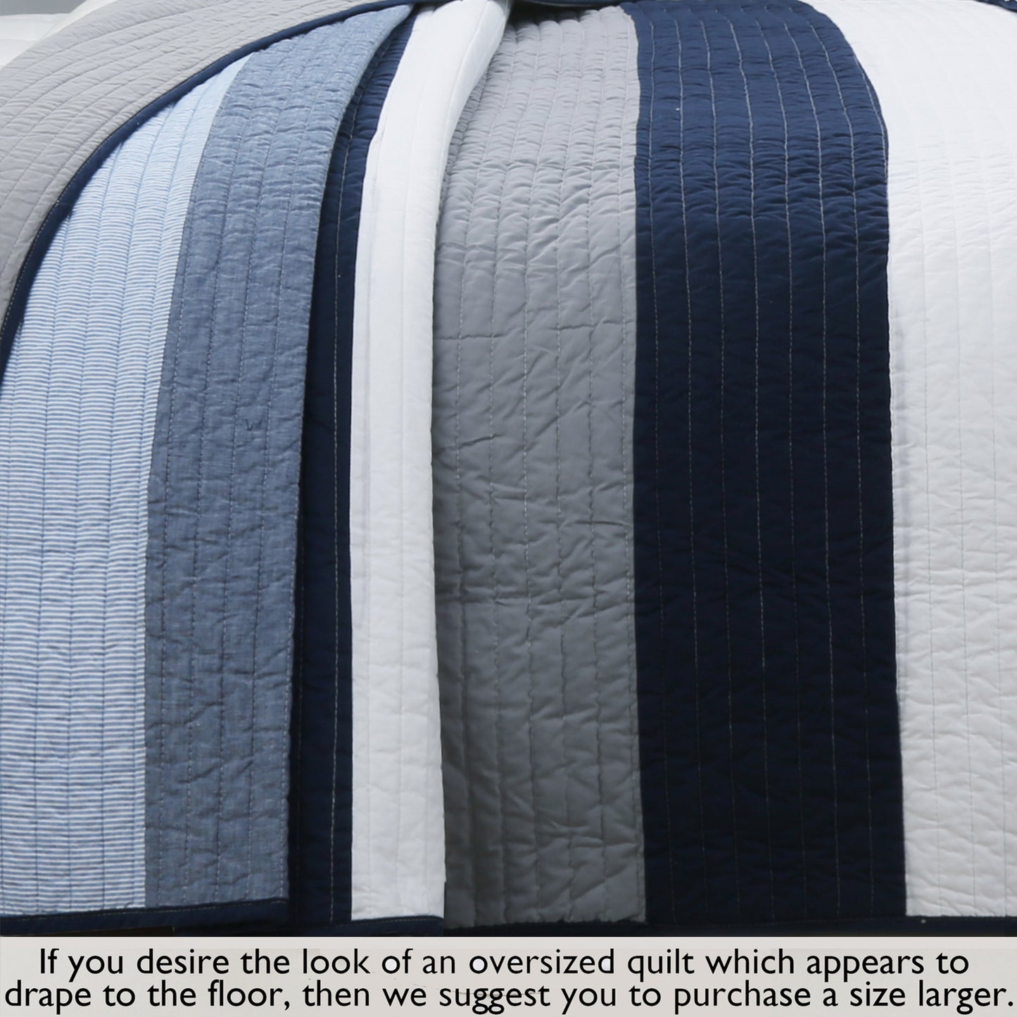 Tranquil Blue Gray Stripe Real Patchwork Cotton Reversible Quilt Bedding Set