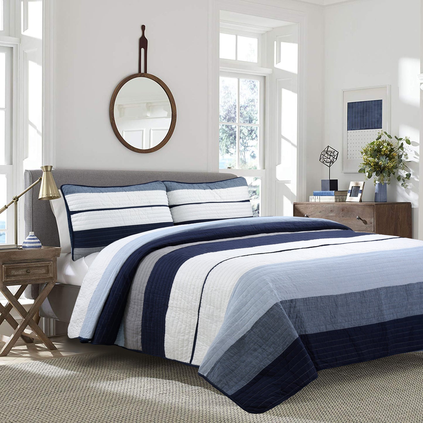 Tranquil Blue Gray Stripe Real Patchwork Cotton Reversible Quilt Bedding Set