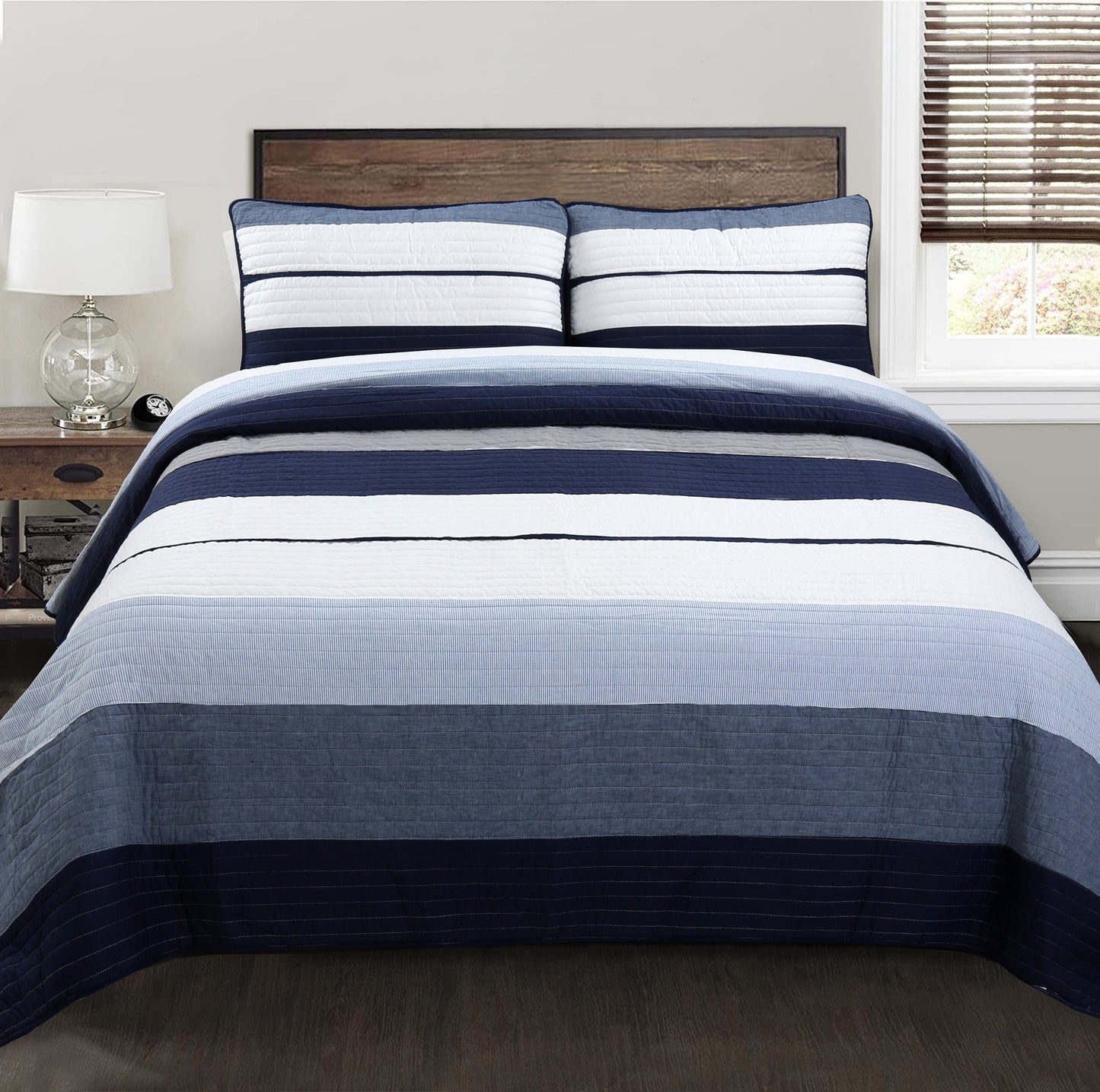Tranquil Blue Gray Stripe Real Patchwork Cotton Reversible Quilt Bedding Set