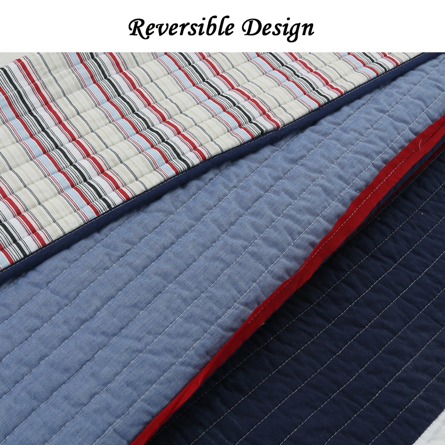 Levi Jean Stripped Denim Blues Cotton Reversible Quilt Bedding Set