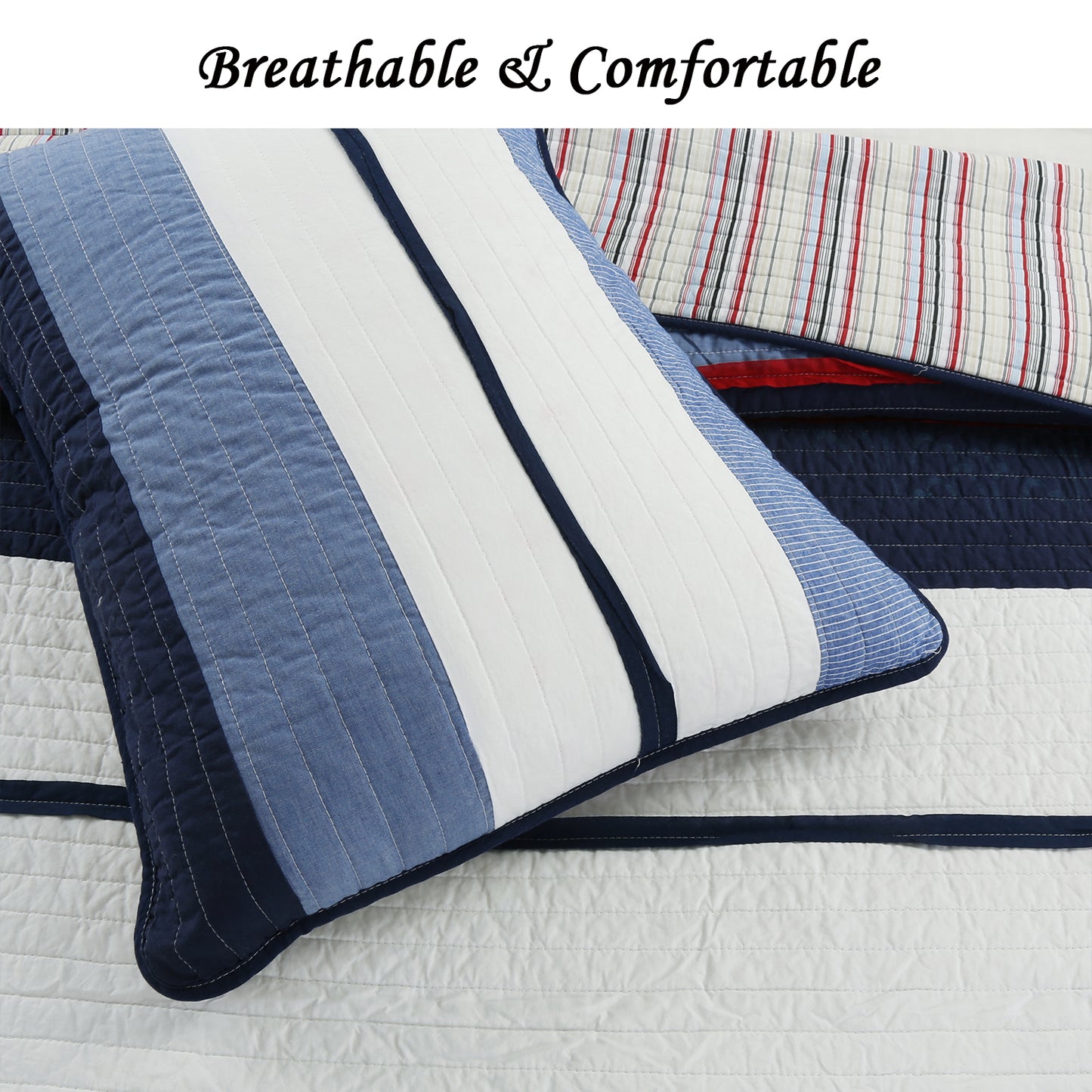 Levi Jean Stripped Denim Blues Cotton Reversible Quilt Bedding Set