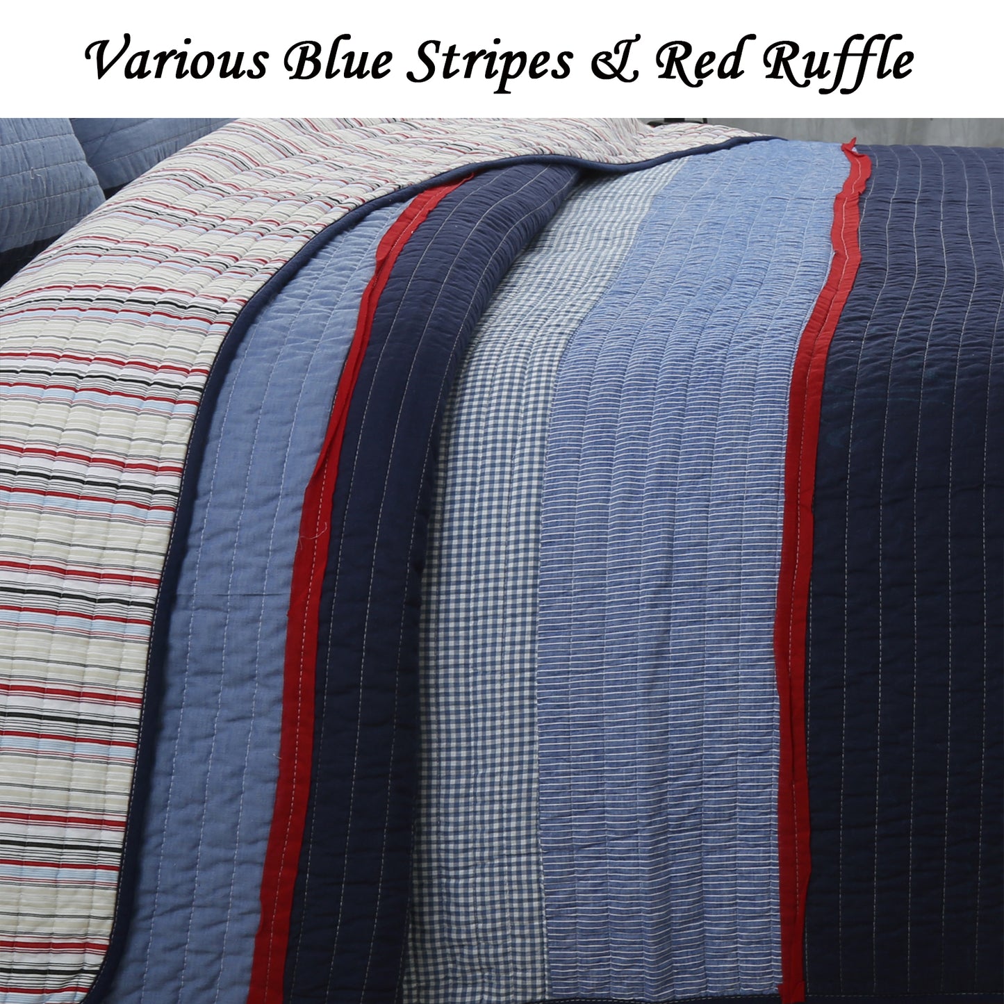 Levi Jean Stripped Denim Blues Cotton Reversible Quilt Bedding Set