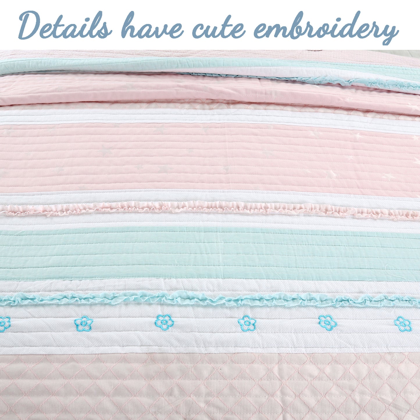 Candy Light Pink Blue Ruffle Floral Stripe Real Patchwork Girl Cotton Reversible Quilt Bedding Set