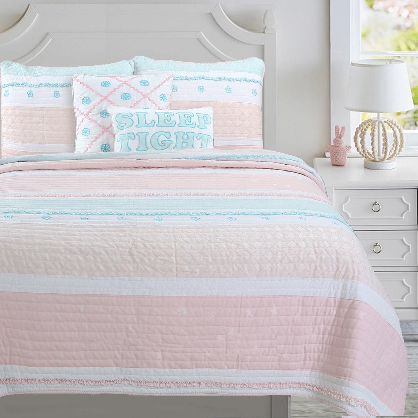 Candy Light Pink Blue Ruffle Floral Stripe Real Patchwork Girl Cotton Reversible Quilt Bedding Set