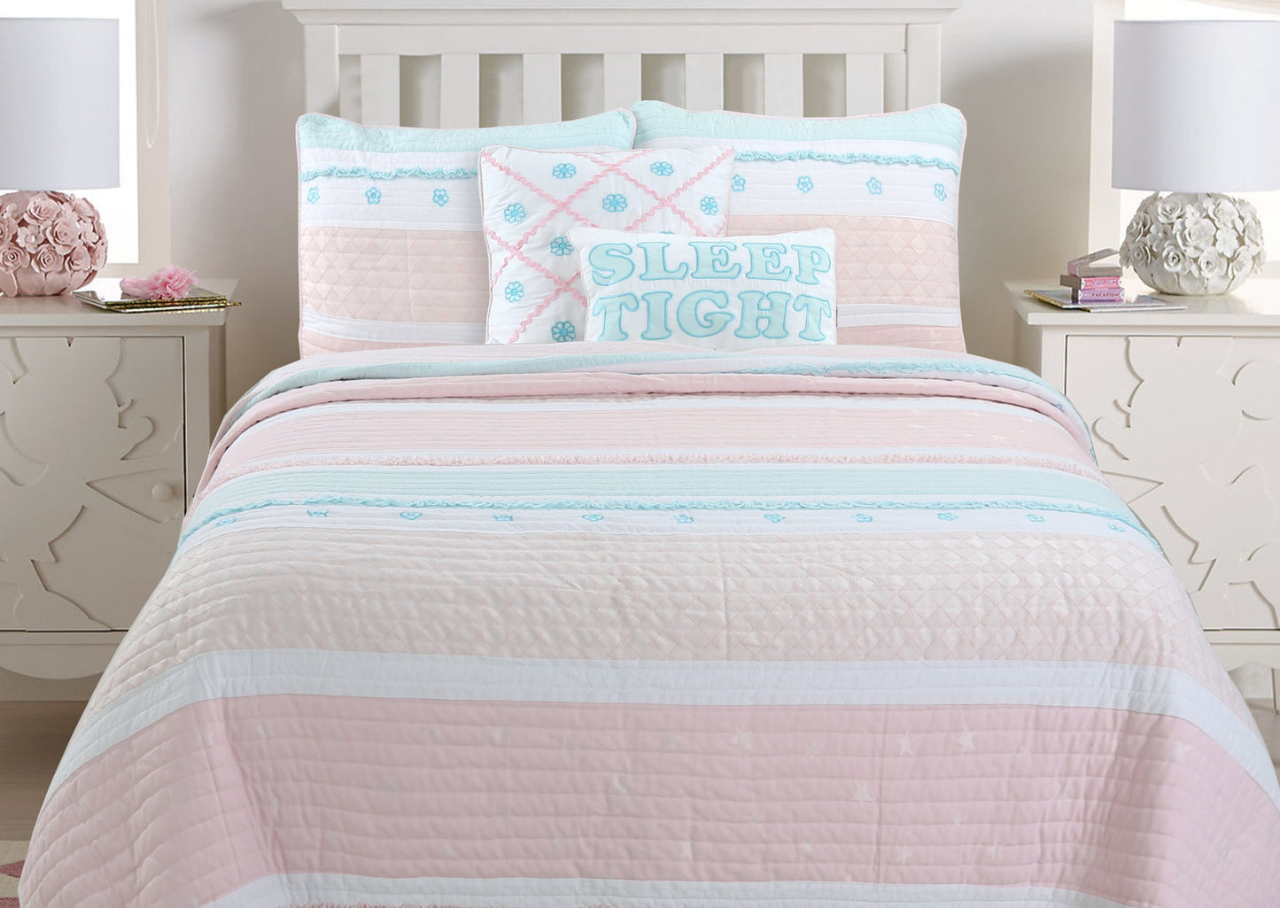 Candy Light Pink Blue Ruffle Floral Stripe Real Patchwork Girl Cotton Reversible Quilt Bedding Set