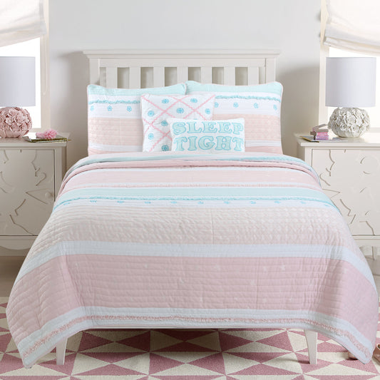 Candy Light Pink Blue Ruffle Floral Stripe Real Patchwork Girl Cotton Reversible Quilt Bedding Set