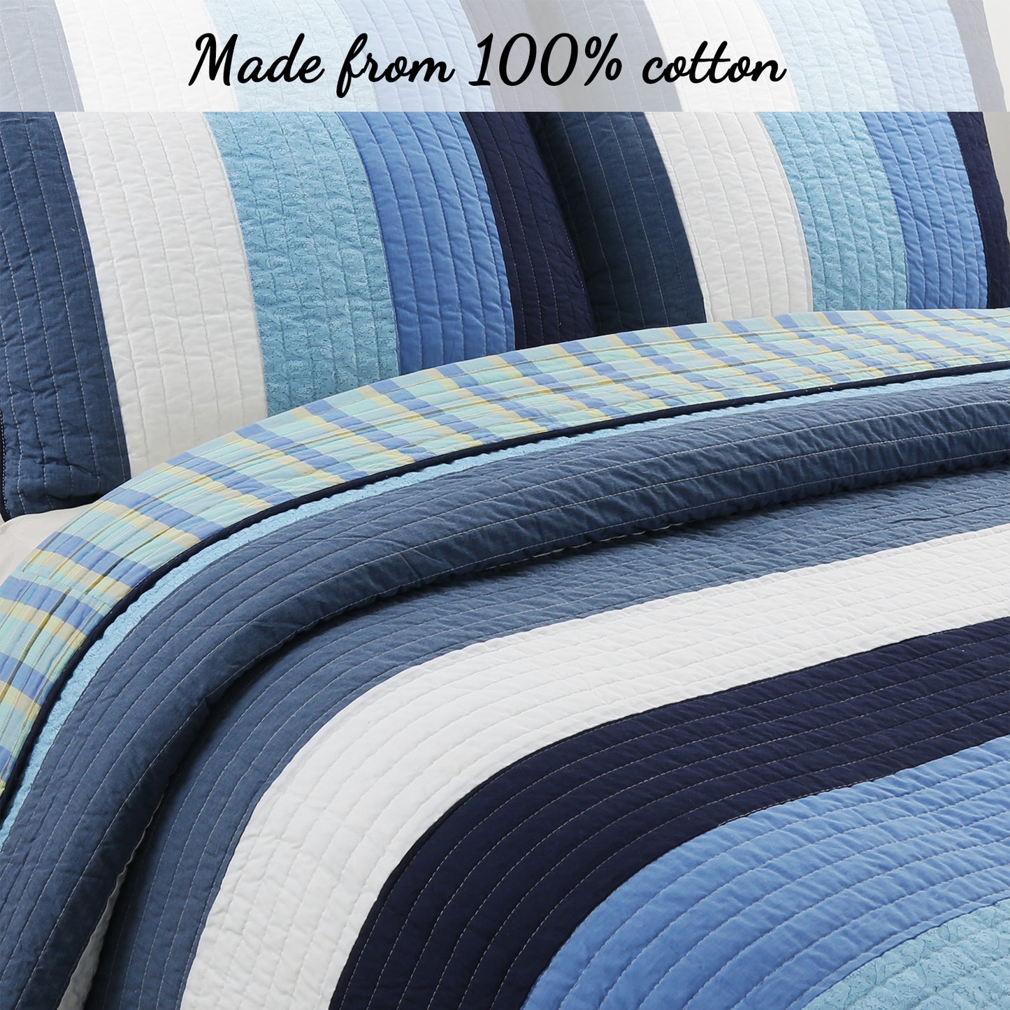 Sophisticated Shades of Ocean Blues Stripped Cotton Reversible Quilt Bedding Set