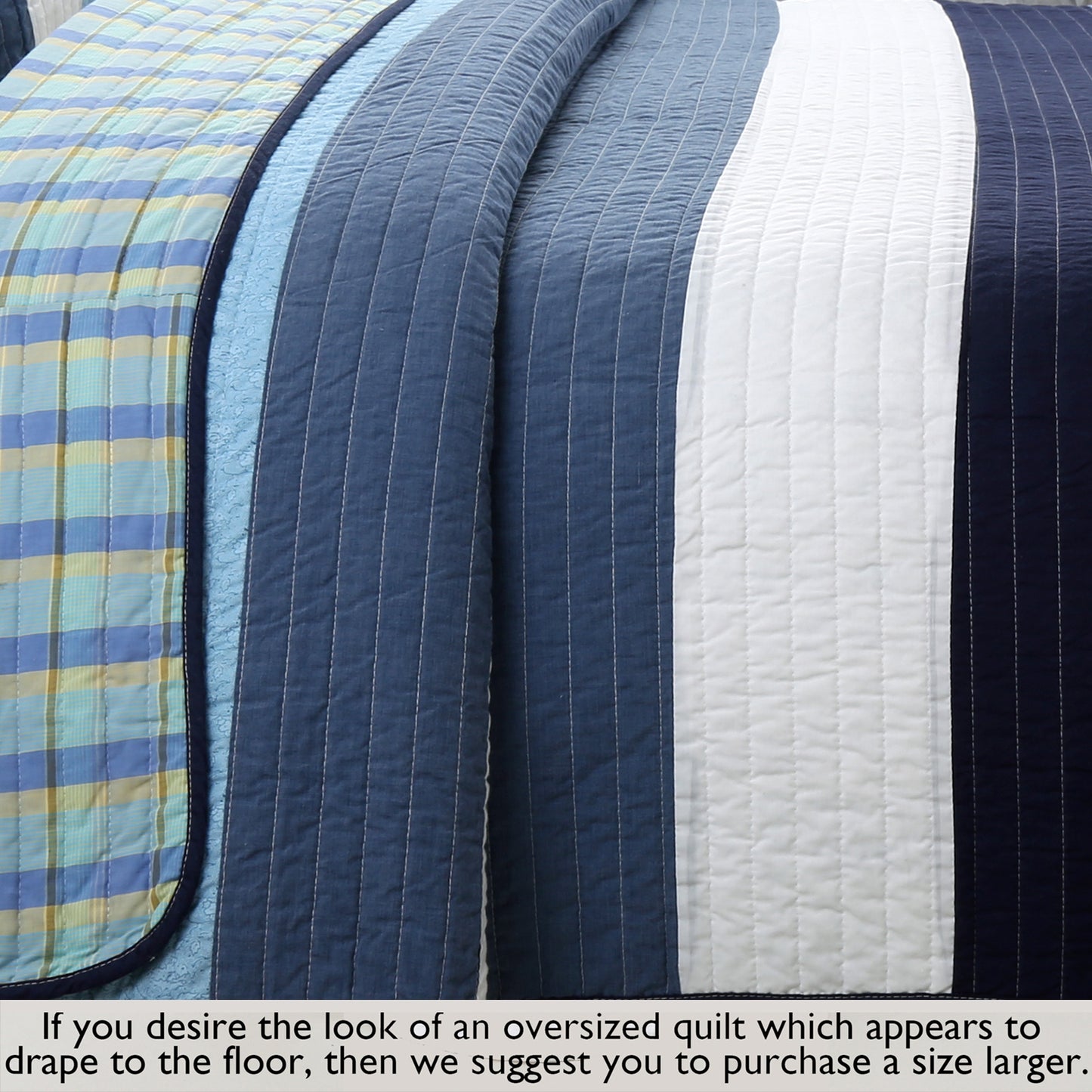 Sophisticated Shades of Ocean Blues Stripped Cotton Reversible Quilt Bedding Set