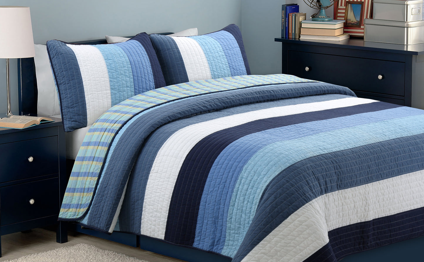 Sophisticated Shades of Ocean Blues Stripped Cotton Reversible Quilt Bedding Set