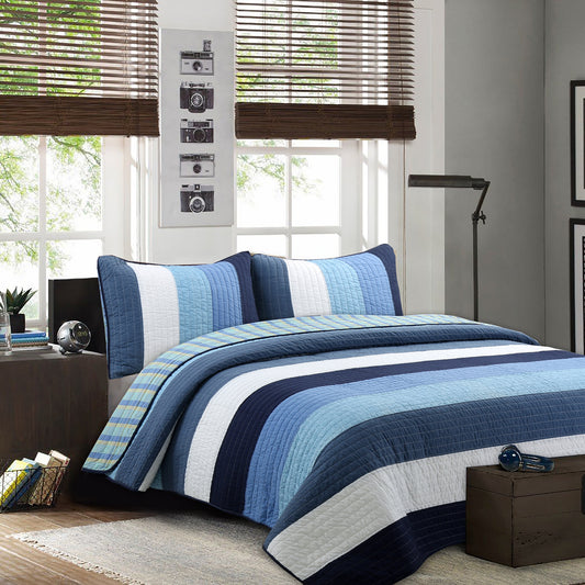 Sophisticated Shades of Ocean Blues Stripped Cotton Reversible Quilt Bedding Set