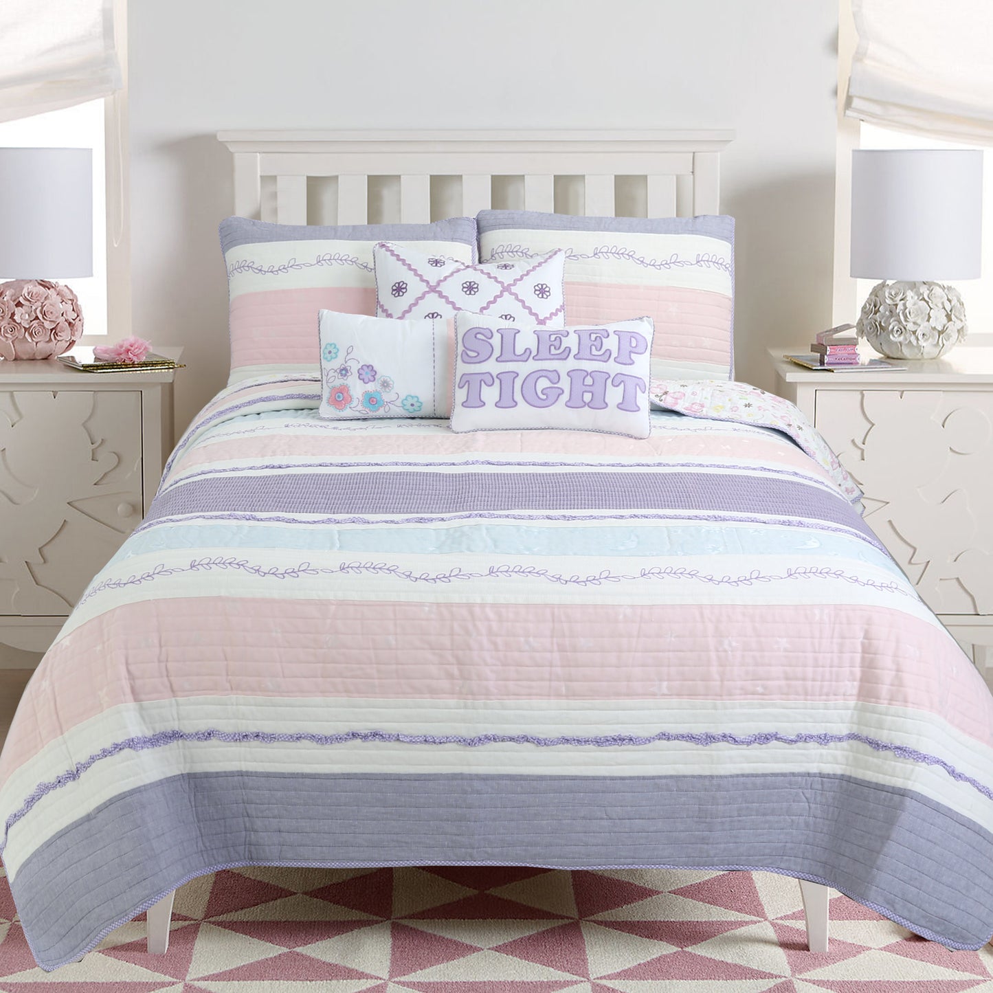 Lavender Pink Blue Chic Ruffle Girl Cotton Reversible Quilt Bedding Set