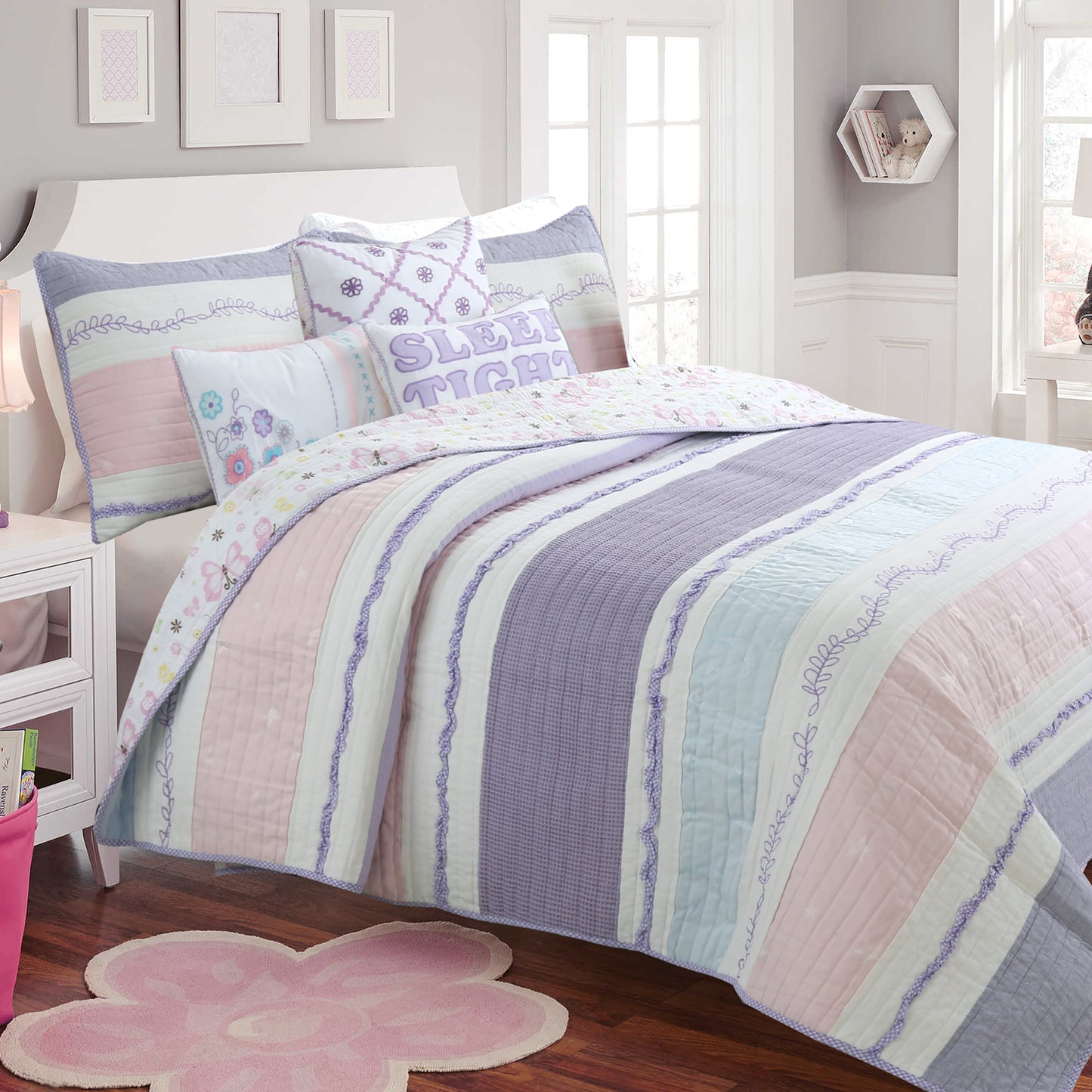 Lavender Pink Blue Chic Ruffle Girl Cotton Reversible Quilt Bedding Set