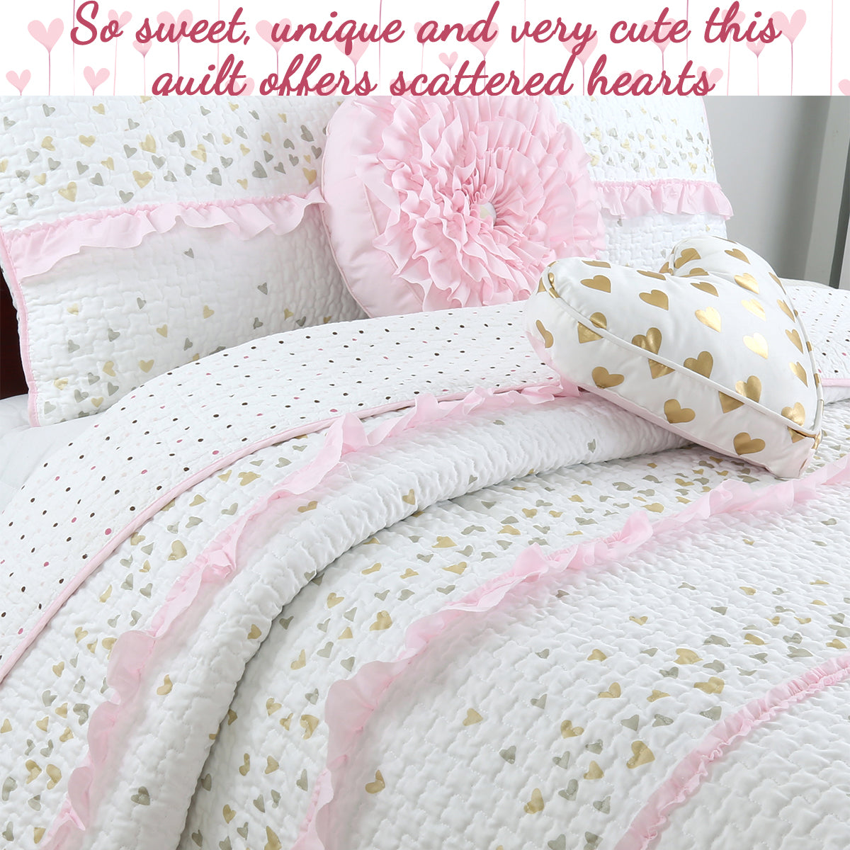 Sweet Heart Polka Dot Pink Ruffle Cotton Reversible Quilt Bedding Set