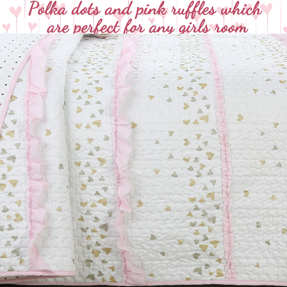 Sweet Heart Polka Dot Pink Ruffle Cotton Reversible Quilt Bedding Set