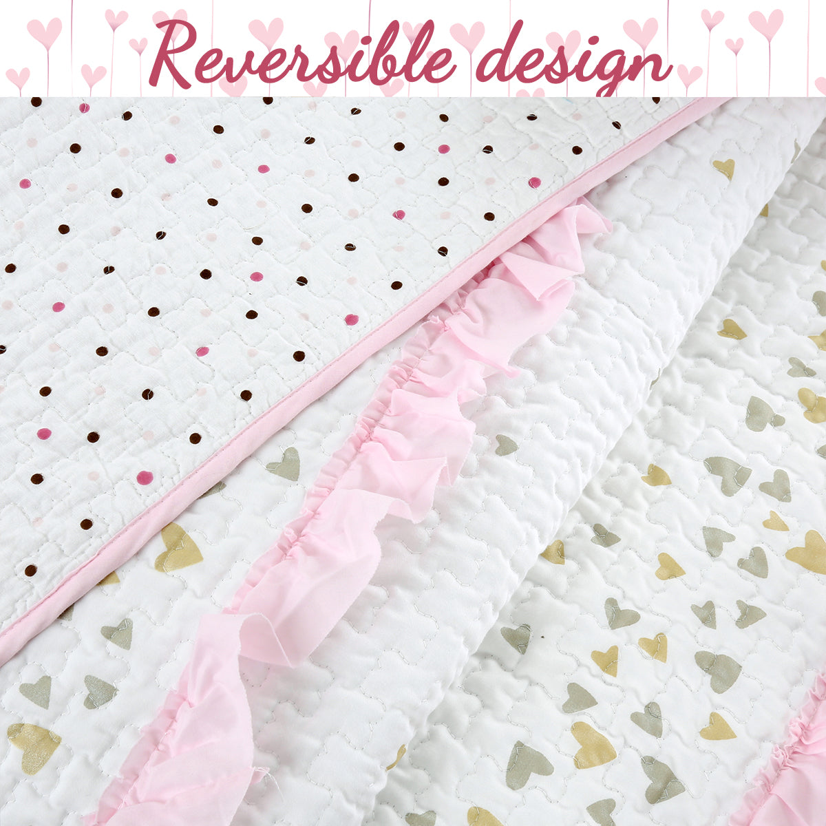 Sweet Heart Polka Dot Pink Ruffle Cotton Reversible Quilt Bedding Set