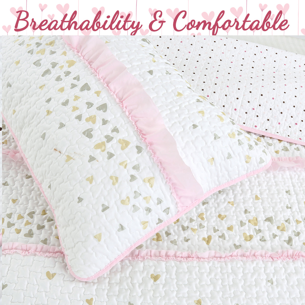 Sweet Heart Polka Dot Pink Ruffle Cotton Reversible Quilt Bedding Set