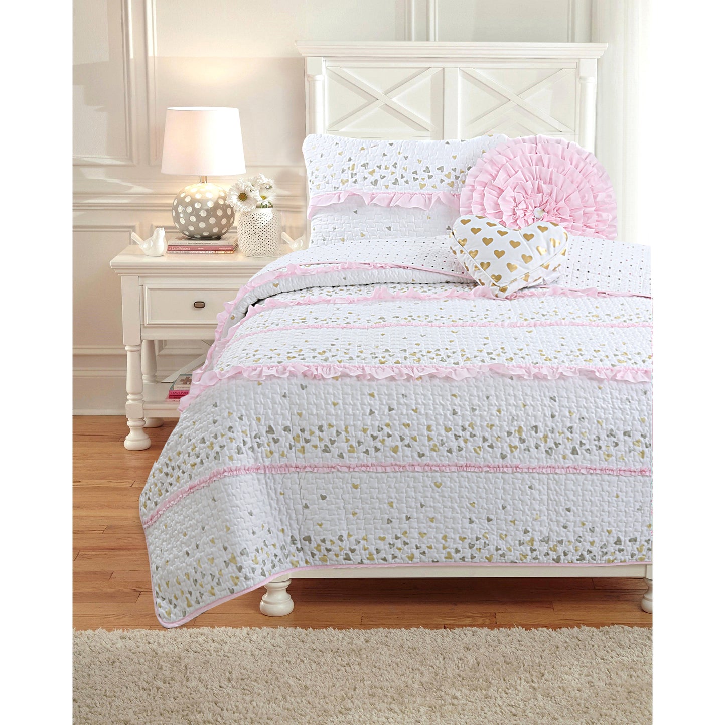 Sweet Heart Polka Dot Pink Ruffle Cotton Reversible Quilt Bedding Set