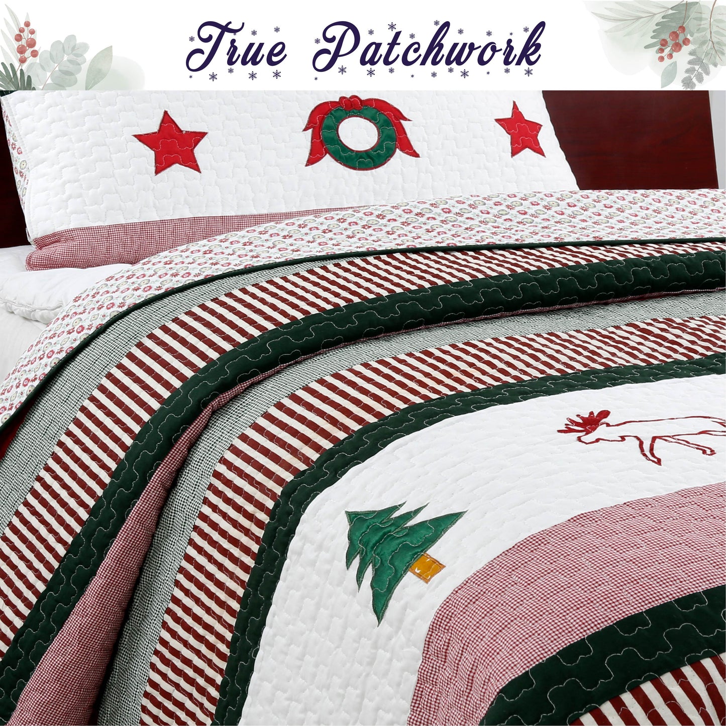 Christmas Season Wreath 3-Piece Reversible Quilt Bedding Set