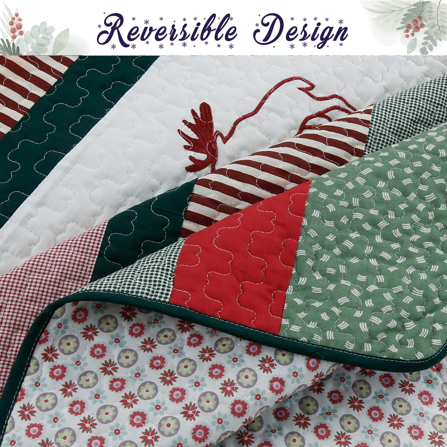 Christmas Season Wreath 3-Piece Reversible Quilt Bedding Set