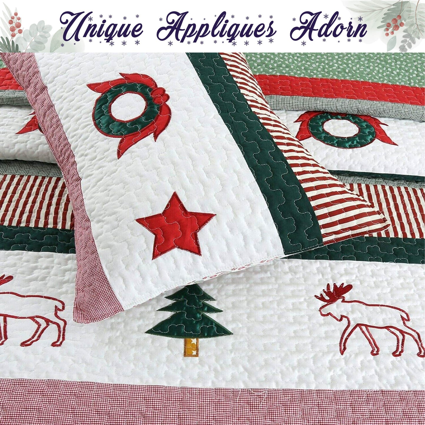 Christmas Season Wreath 3-Piece Reversible Quilt Bedding Set