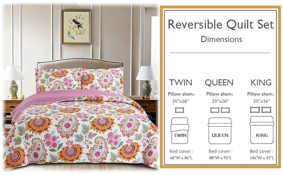 Victoria Floral Paisley 3-Piece Reversible Quilt Bedding Set