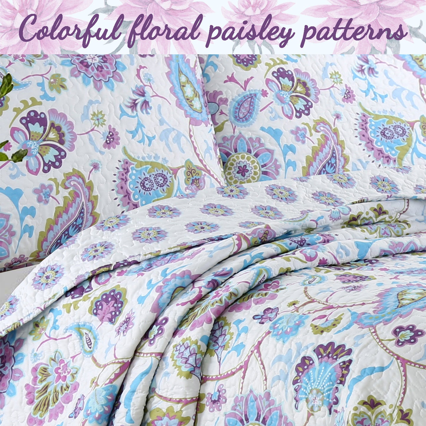 Purplish Floral 3-Piece Reversible Quilt Bedding Set