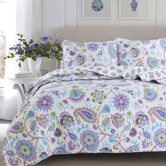 Purplish Floral 3-Piece Reversible Quilt Bedding Set