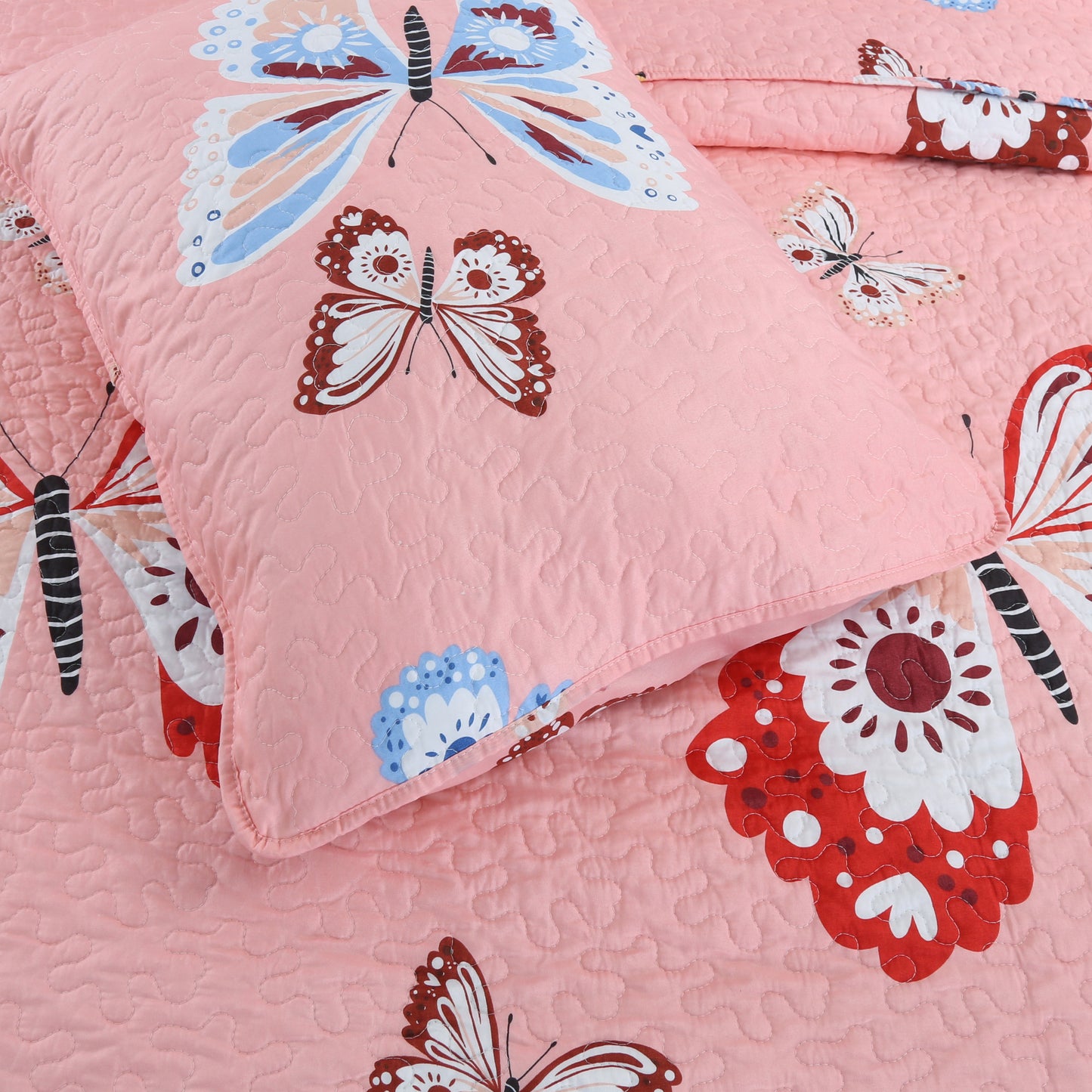 Butterflies Flutter Pink Girl Print Reversible Quilt Bedding Set