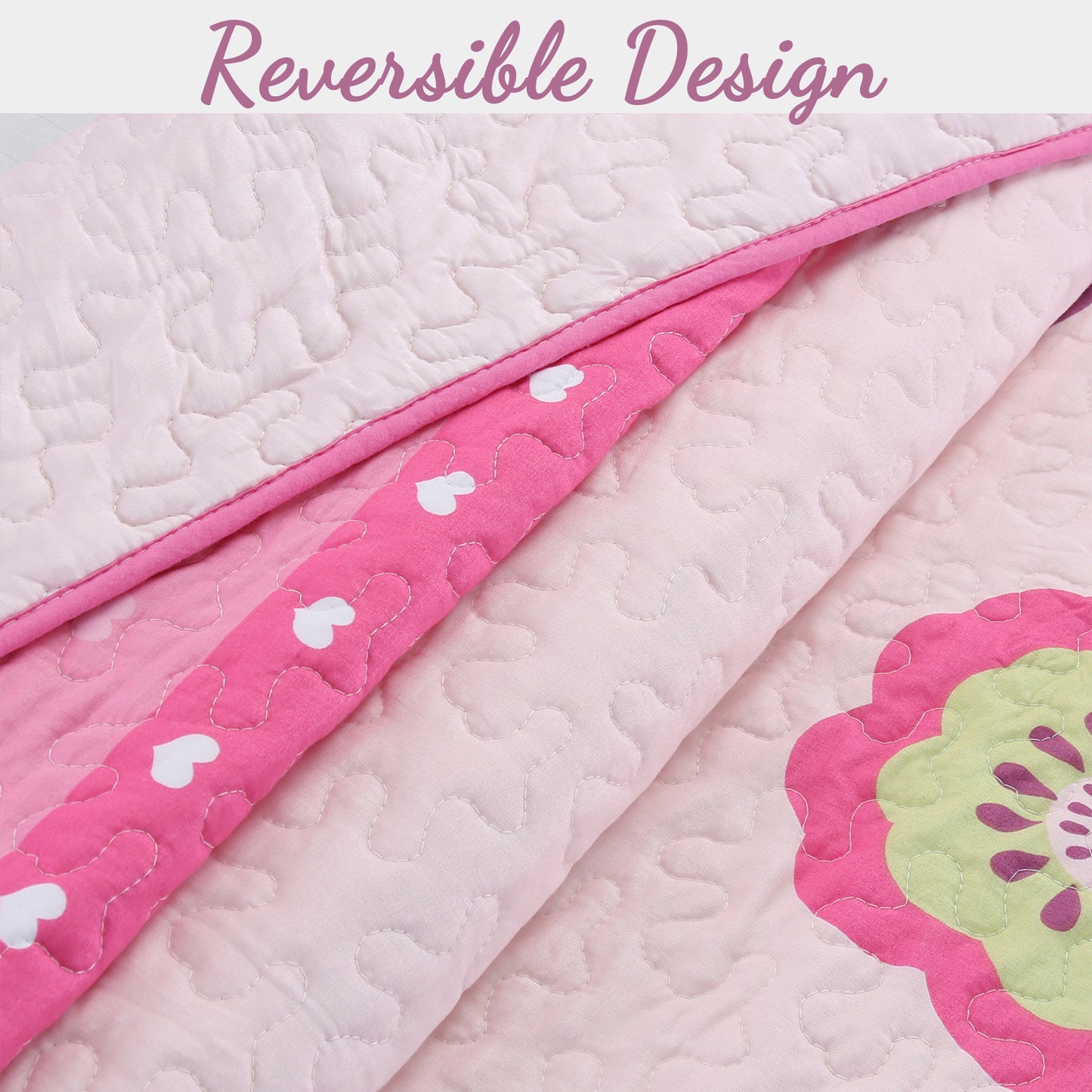 Pink Flower Garden Girl Print Reversible Quilt Bedding Set