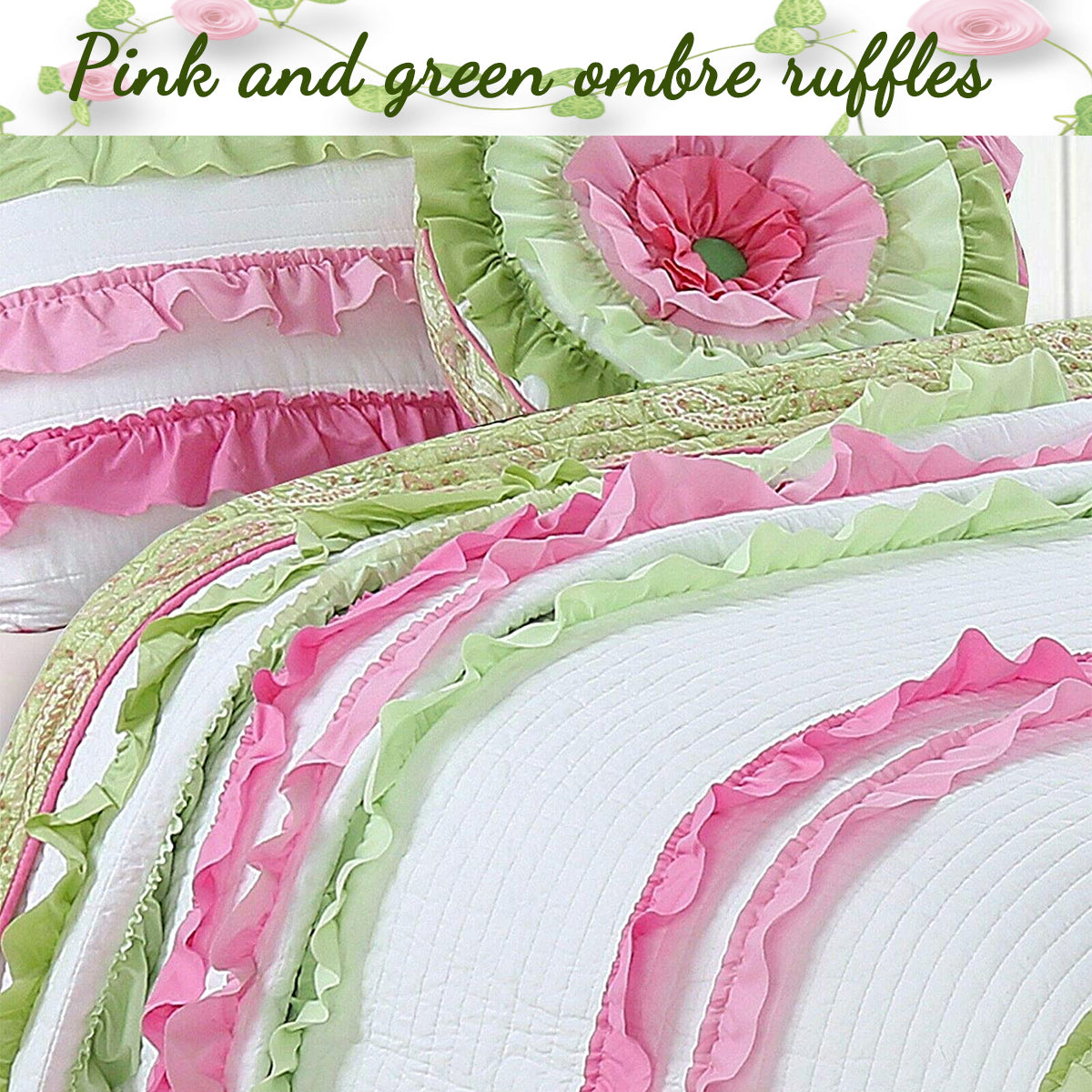 Pink Green Chic Ruffle Girl Cotton Reversible Quilt Bedding Set