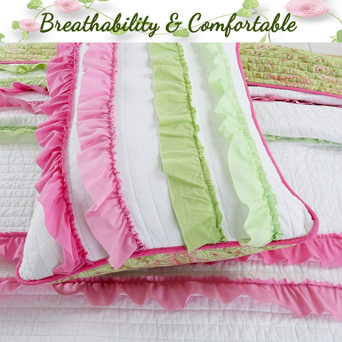 Pink Green Chic Ruffle Girl Cotton Reversible Quilt Bedding Set