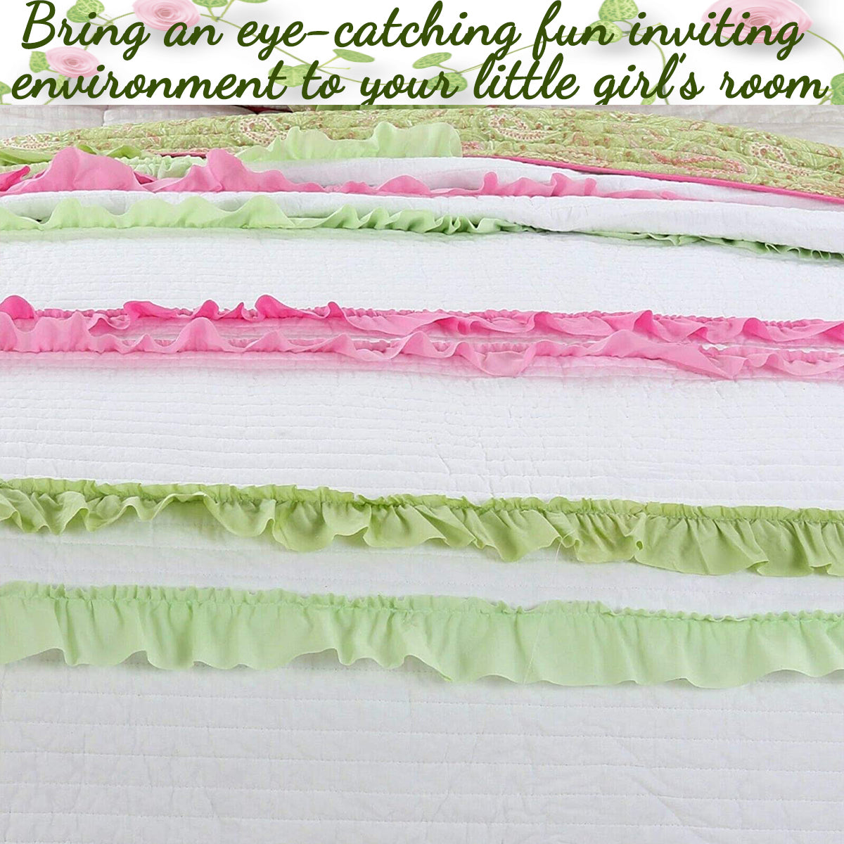 Pink Green Chic Ruffle Girl Cotton Reversible Quilt Bedding Set