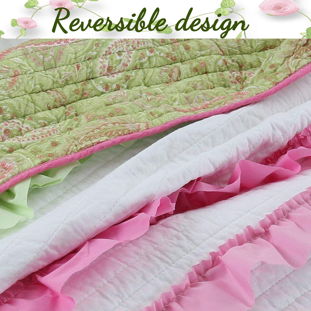 Pink Green Chic Ruffle Girl Cotton Reversible Quilt Bedding Set